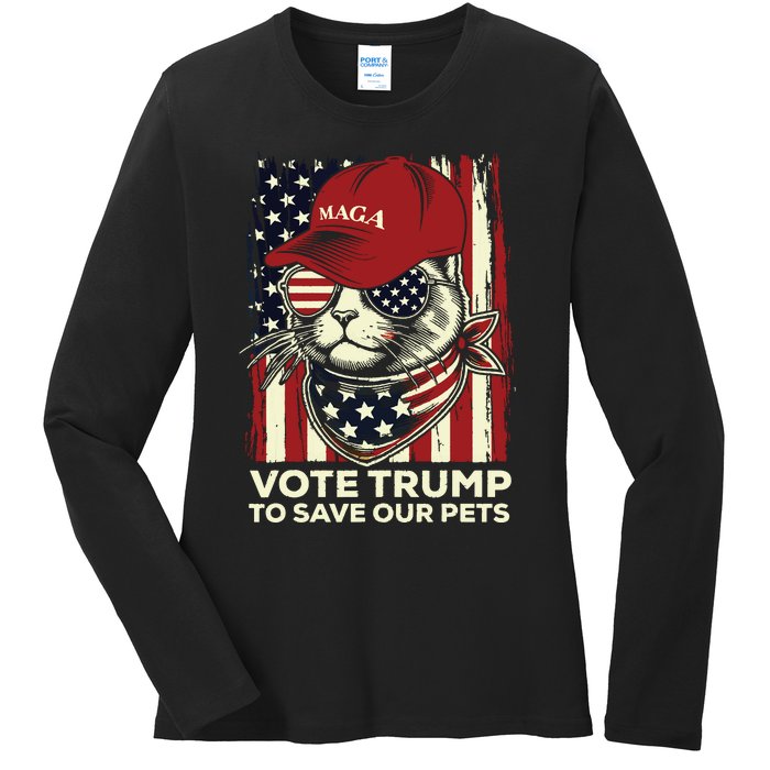 American Flag Vote Trump To Save Our Pets 2024 Maga Trump Ladies Long Sleeve Shirt