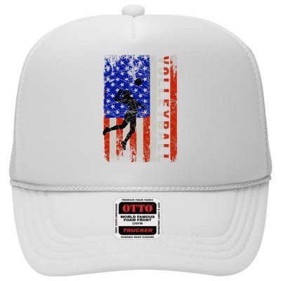 American Flag Volleyball Patriotic Usa 4th Of July High Crown Mesh Back Trucker Hat