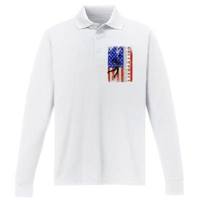 American Flag Volleyball Patriotic Usa 4th Of July Performance Long Sleeve Polo