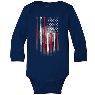 American Flag Vintage Baseball Bat Baby Long Sleeve Bodysuit