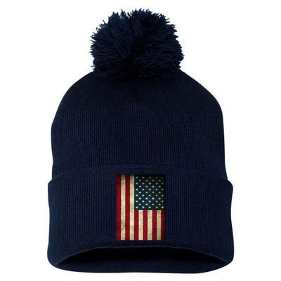 American Flag Vintage Distress Pom Pom 12in Knit Beanie