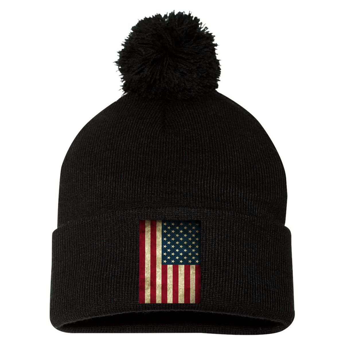American Flag Vintage Distress Pom Pom 12in Knit Beanie