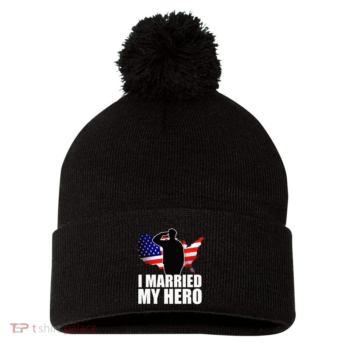 American Flag Veteran Military Wife Support Pom Pom 12in Knit Beanie