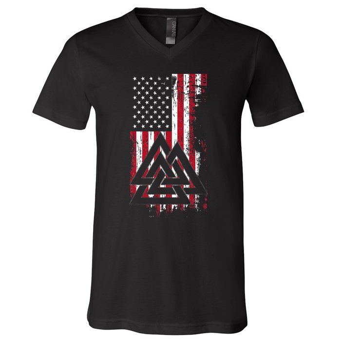 American Flag Viking Valknut Nordic Rune Celtic American V-Neck T-Shirt