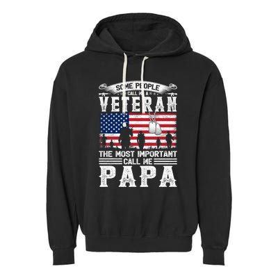 American Flag Vintage Veteran Papa Army Father's Day Great Gift Garment-Dyed Fleece Hoodie