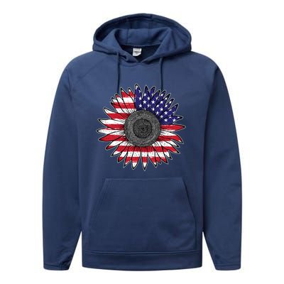 American Flag Vintage Sunflower 4th Of July Mom Mama Gift Performance Fleece Hoodie