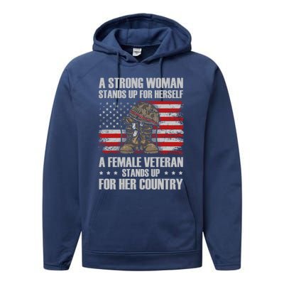 A Female Veteran Stands For Her Country Veteran Mom Cool Gift Performance Fleece Hoodie