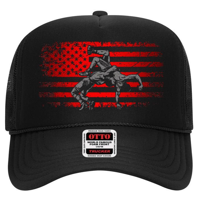 American Flag Wrestling Wrestling High Crown Mesh Back Trucker Hat