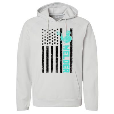 American Flag Welder Welding Vintage Metal Worker Cool Funny Gift Cool Gift Performance Fleece Hoodie