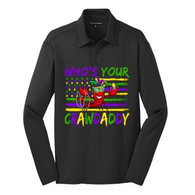 American Flag Whos Your Crawdaddy Crawfish Mardi Gras Gift Silk Touch Performance Long Sleeve Polo