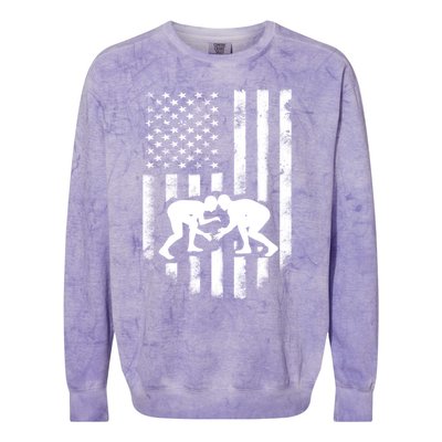 American Flag Wrestling Gift Distressed Wrestle Gift Colorblast Crewneck Sweatshirt