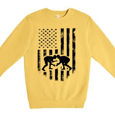 American Flag Wrestling Gift Distressed Wrestle Gift Premium Crewneck Sweatshirt