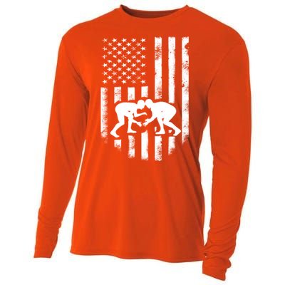 American Flag Wrestling Gift Distressed Wrestle Gift Cooling Performance Long Sleeve Crew