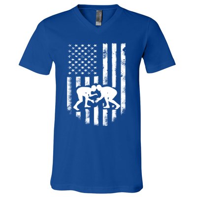 American Flag Wrestling Gift Distressed Wrestle Gift V-Neck T-Shirt