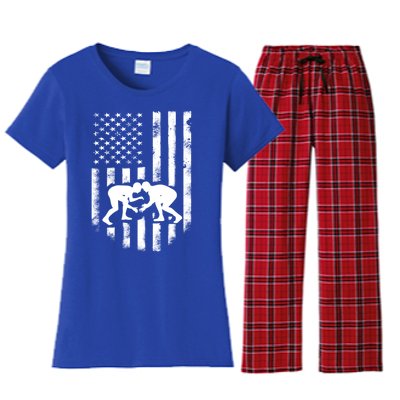 American Flag Wrestling Gift Distressed Wrestle Gift Women's Flannel Pajama Set