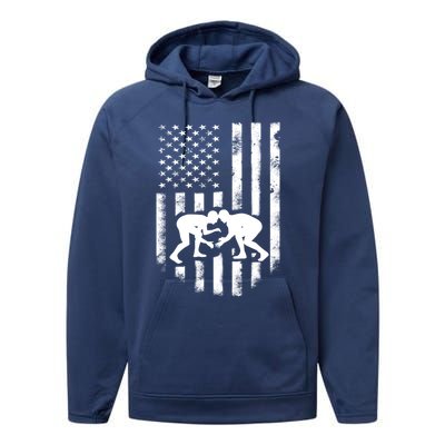 American Flag Wrestling Gift Distressed Wrestle Gift Performance Fleece Hoodie