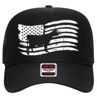 American Flag With Cow Vintage Look High Crown Mesh Back Trucker Hat