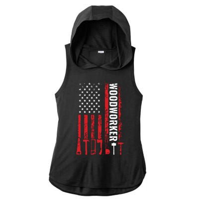 American Flag Woodworker Carpenter Funny Woodworking Ladies PosiCharge Tri-Blend Wicking Draft Hoodie Tank