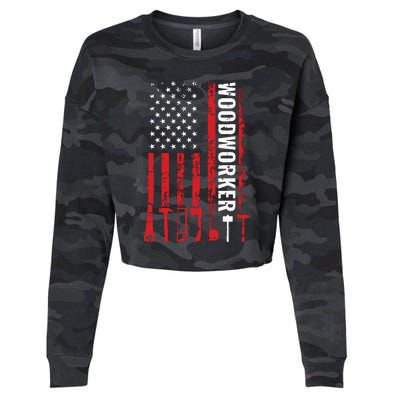 American Flag Woodworker Carpenter Funny Woodworking Cropped Pullover Crew