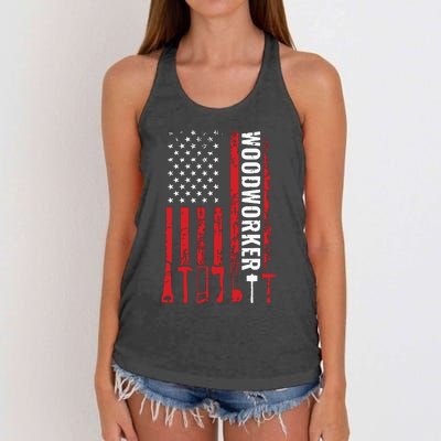 American Flag Woodworker Carpenter Funny Woodworking Women's Knotted Racerback Tank