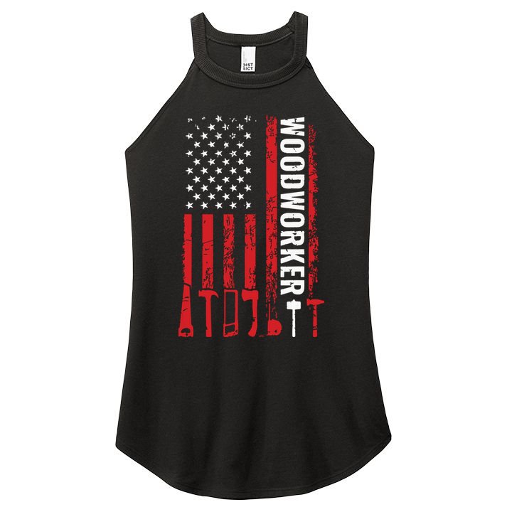 American Flag Woodworker Carpenter Funny Woodworking Women's Perfect Tri Rocker Tank