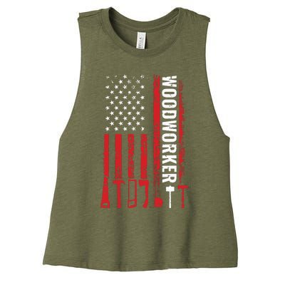 American Flag Woodworker Carpenter Funny Woodworking Women's Racerback Cropped Tank