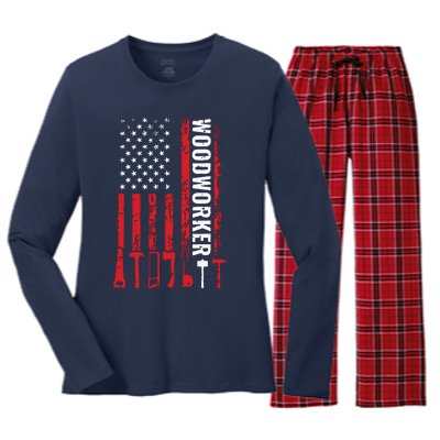 American Flag Woodworker Carpenter Funny Woodworking Women's Long Sleeve Flannel Pajama Set 