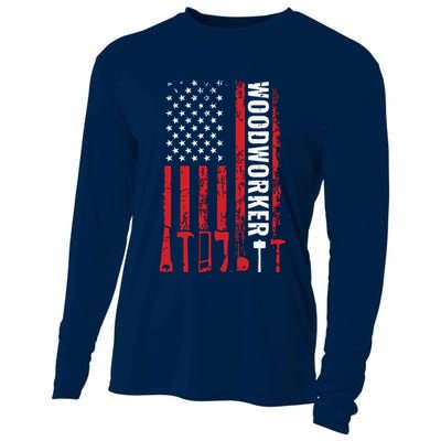 American Flag Woodworker Carpenter Funny Woodworking Cooling Performance Long Sleeve Crew