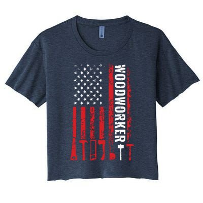 American Flag Woodworker Carpenter Funny Woodworking Women's Crop Top Tee