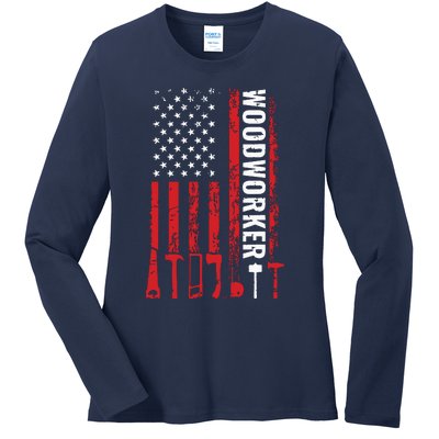 American Flag Woodworker Carpenter Funny Woodworking Ladies Long Sleeve Shirt