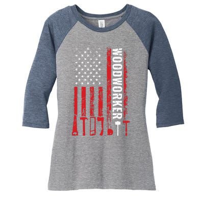 American Flag Woodworker Carpenter Funny Woodworking Women's Tri-Blend 3/4-Sleeve Raglan Shirt