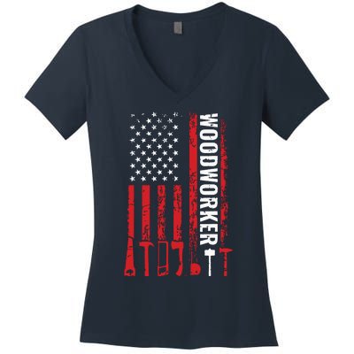 American Flag Woodworker Carpenter Funny Woodworking Women's V-Neck T-Shirt