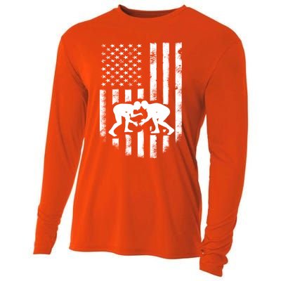 American Flag Wrestling Meaningful Gift Distressed Wrestle Gift Tee Cooling Performance Long Sleeve Crew