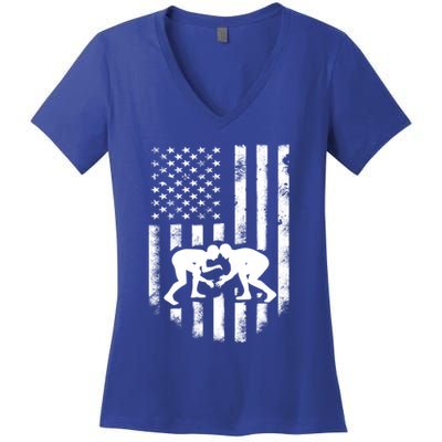American Flag Wrestling Gift Distressed Wrestle Gift Gift Women's V-Neck T-Shirt