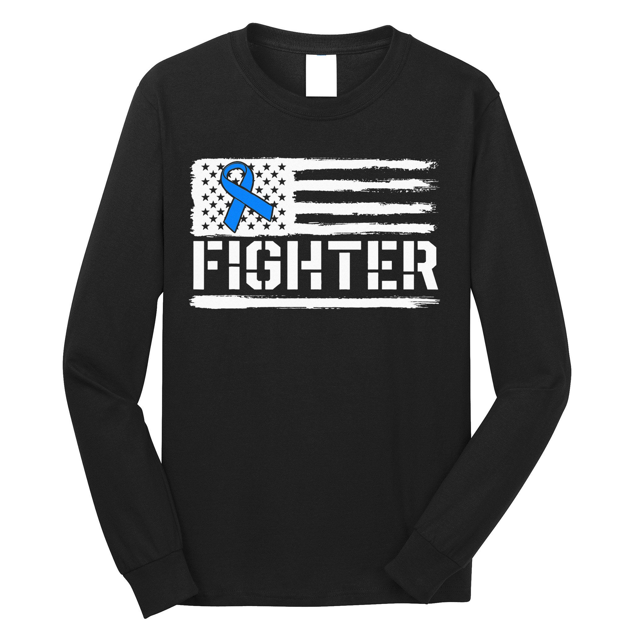ALS Fighter Warrior Blue American Flag Awareness Ribbon Long Sleeve Shirt