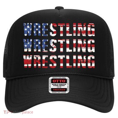 American Flag Wrestling USA Flag Wrestling High Crown Mesh Back Trucker Hat