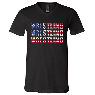 American Flag Wrestling USA Flag Wrestling V-Neck T-Shirt