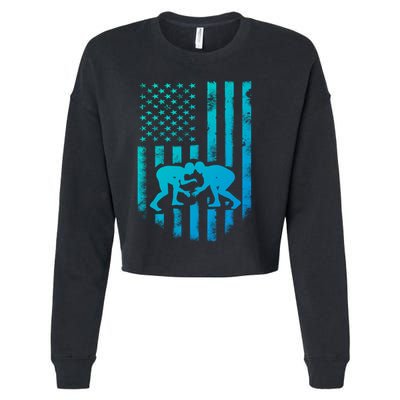 American Flag Wrestling Gift Distressed Wrestle Gift Cropped Pullover Crew