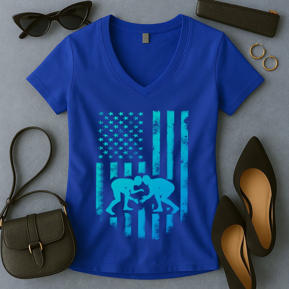 American Flag Wrestling Gift Distressed Wrestle Gift Women's V-Neck T-Shirt