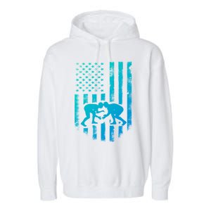 American Flag Wrestling Gift Distressed Wrestle Gift Garment-Dyed Fleece Hoodie