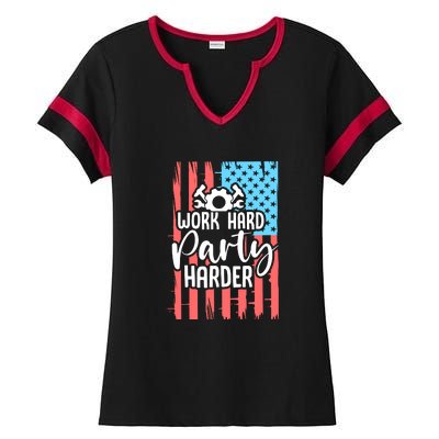 American Flag Work Hard Party Harder Labor Day Gift Ladies Halftime Notch Neck Tee