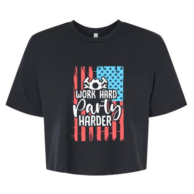 American Flag Work Hard Party Harder Labor Day Gift Bella+Canvas Jersey Crop Tee