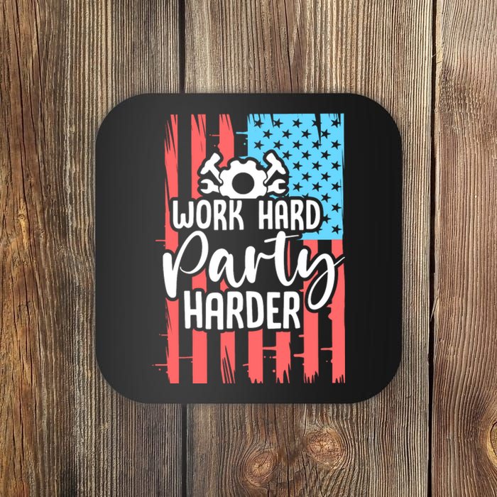 American Flag Work Hard Party Harder Labor Day Gift Coaster