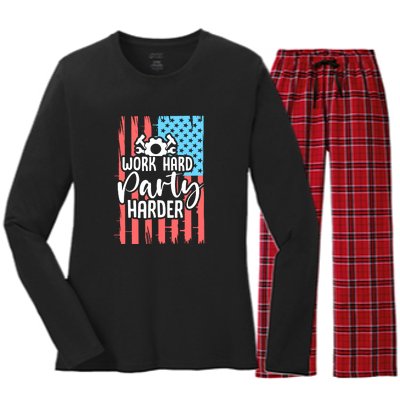 American Flag Work Hard Party Harder Labor Day Gift Women's Long Sleeve Flannel Pajama Set 