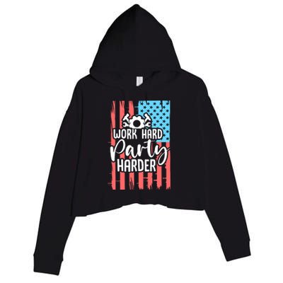 American Flag Work Hard Party Harder Labor Day Gift Crop Fleece Hoodie