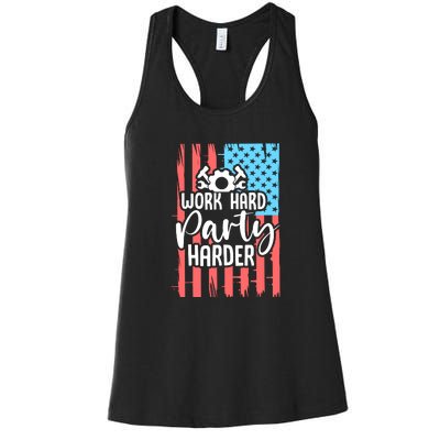 American Flag Work Hard Party Harder Labor Day Gift Women's Racerback Tank