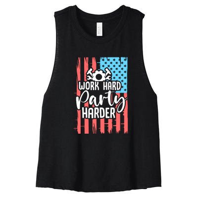 American Flag Work Hard Party Harder Labor Day Gift Women's Racerback Cropped Tank