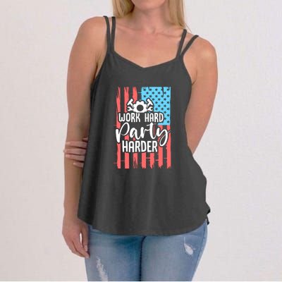 American Flag Work Hard Party Harder Labor Day Gift Women's Strappy Tank