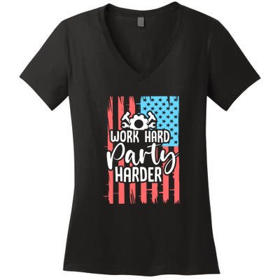 American Flag Work Hard Party Harder Labor Day Gift Women's V-Neck T-Shirt