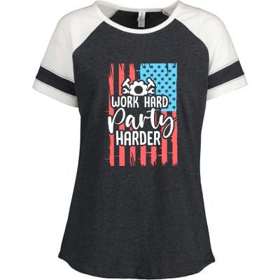 American Flag Work Hard Party Harder Labor Day Gift Enza Ladies Jersey Colorblock Tee